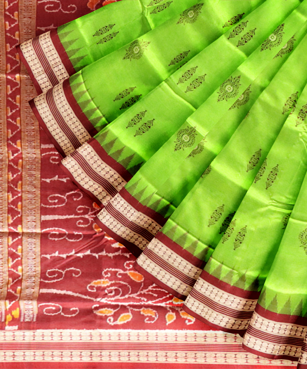 Lime green maroon silk handloom bomkai saree