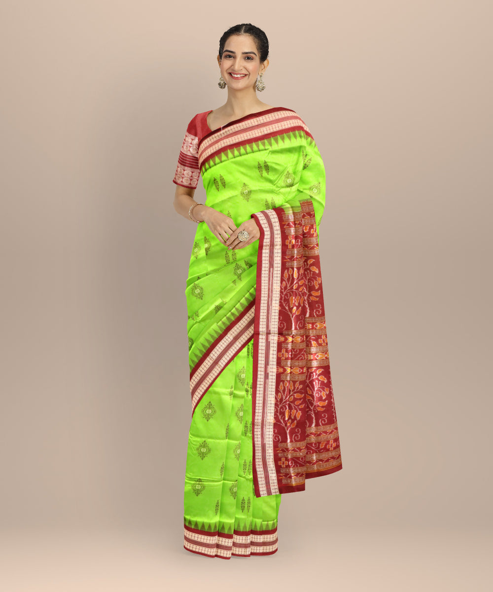 Lime green maroon silk handloom bomkai saree