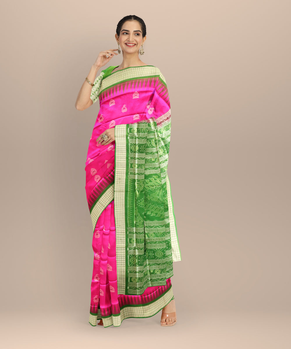 Pink dark green silk handloom bomkai saree