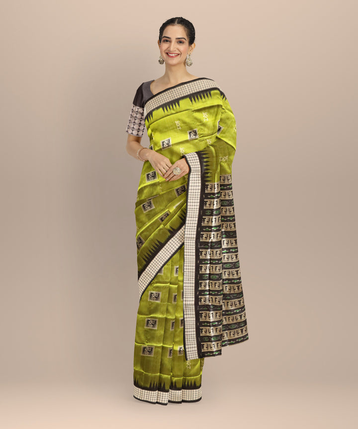 Olive green black silk handloom bomkai saree