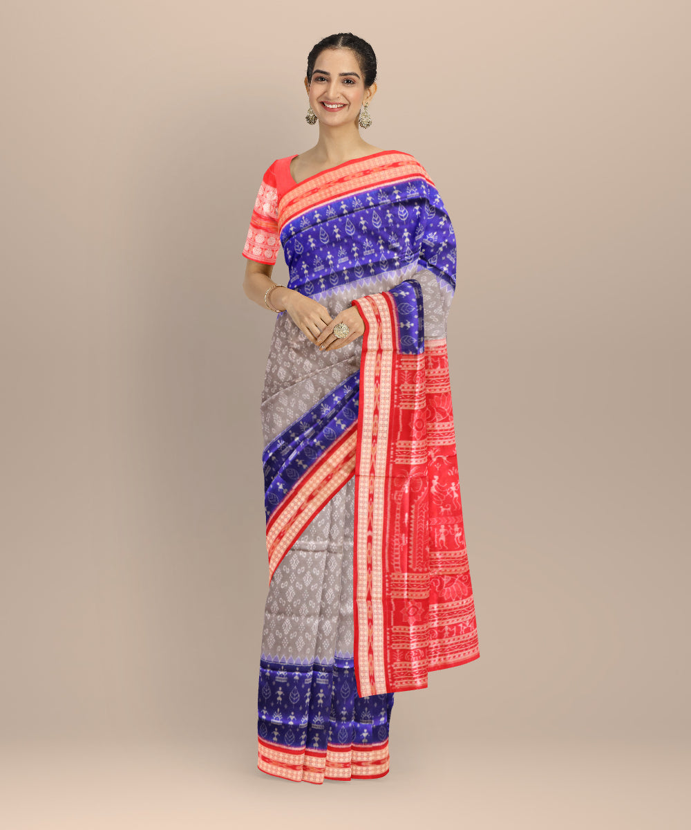 Multicolor dark red silk hand loom sambalpuri saree