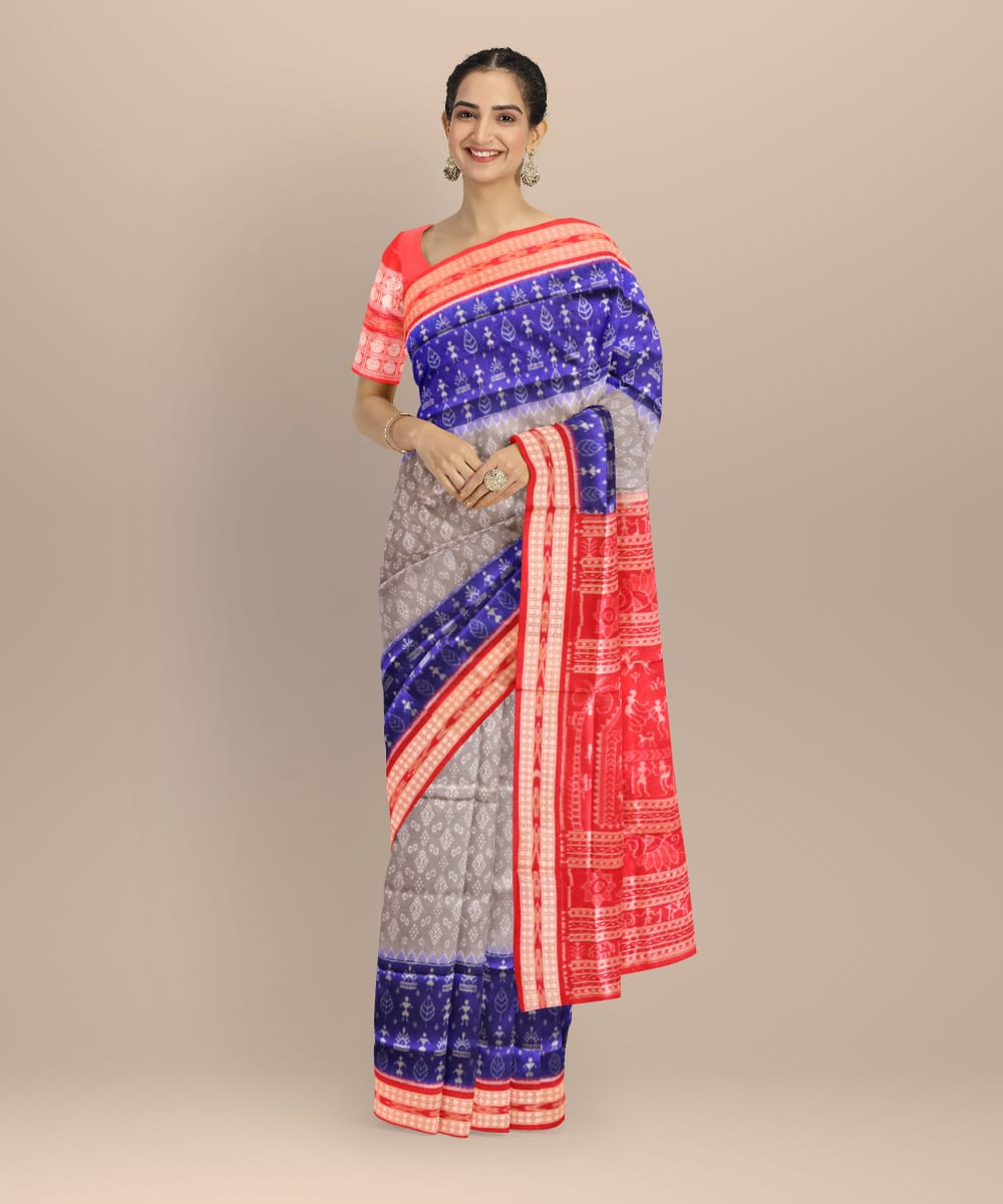 Multicolor dark red silk hand loom sambalpuri saree