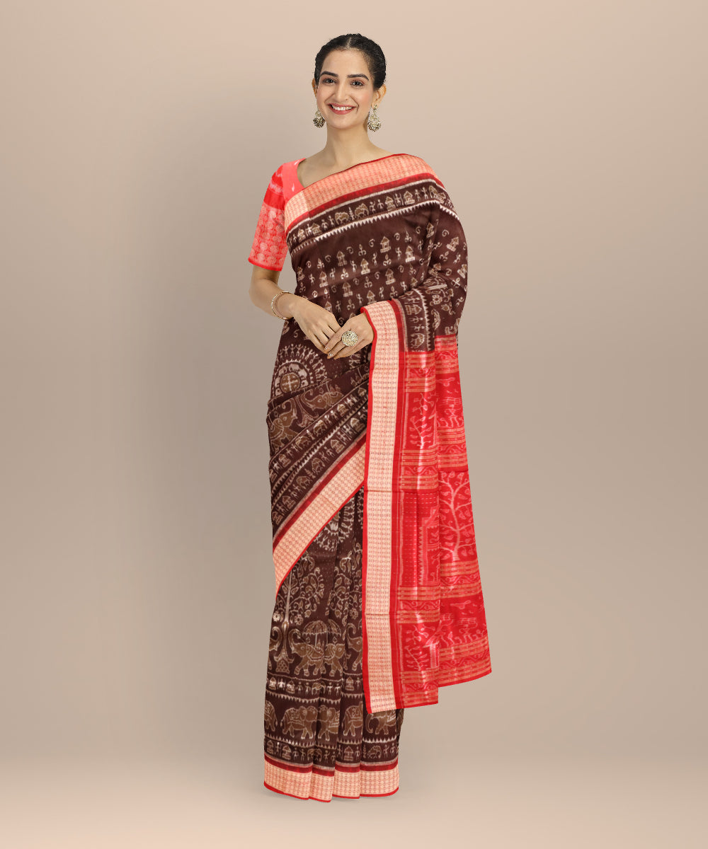Brown dark red silk handloom sambalpuri saree