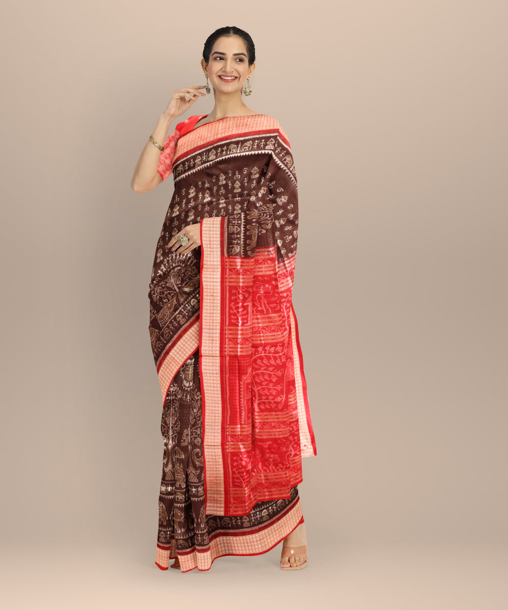 Brown dark red silk handloom sambalpuri saree