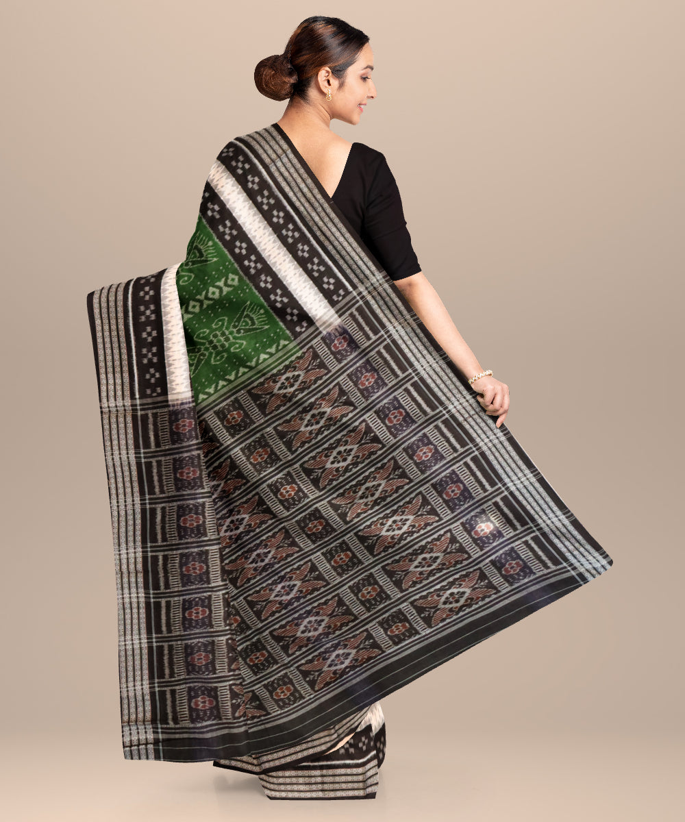 Fern green white black cotton handloom nuapatna saree