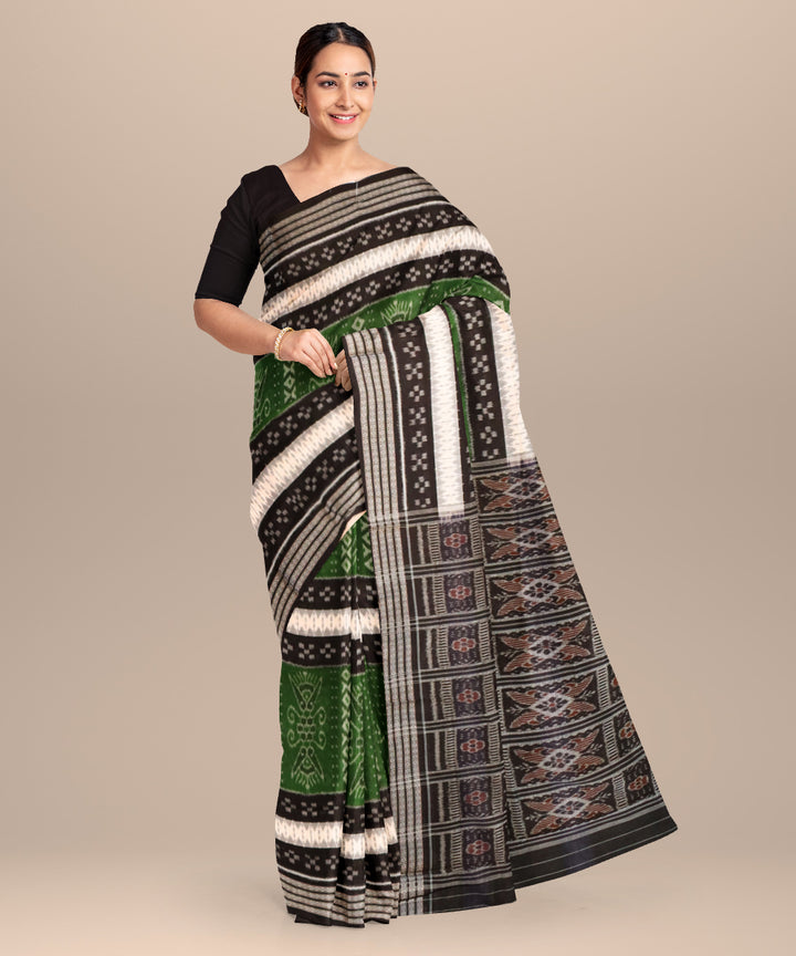 Fern green white black cotton handloom nuapatna saree