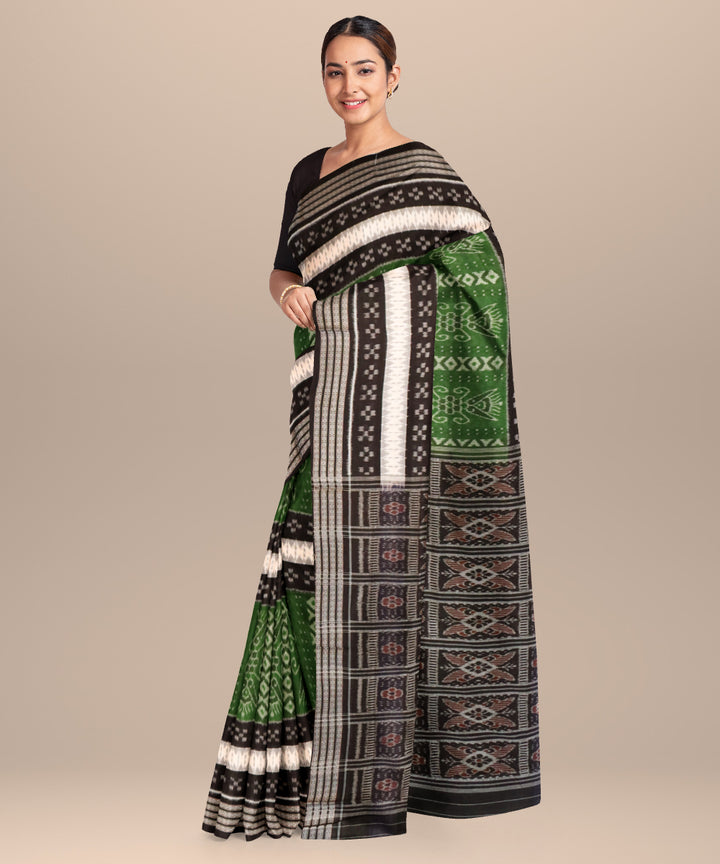Fern green white black cotton handloom nuapatna saree