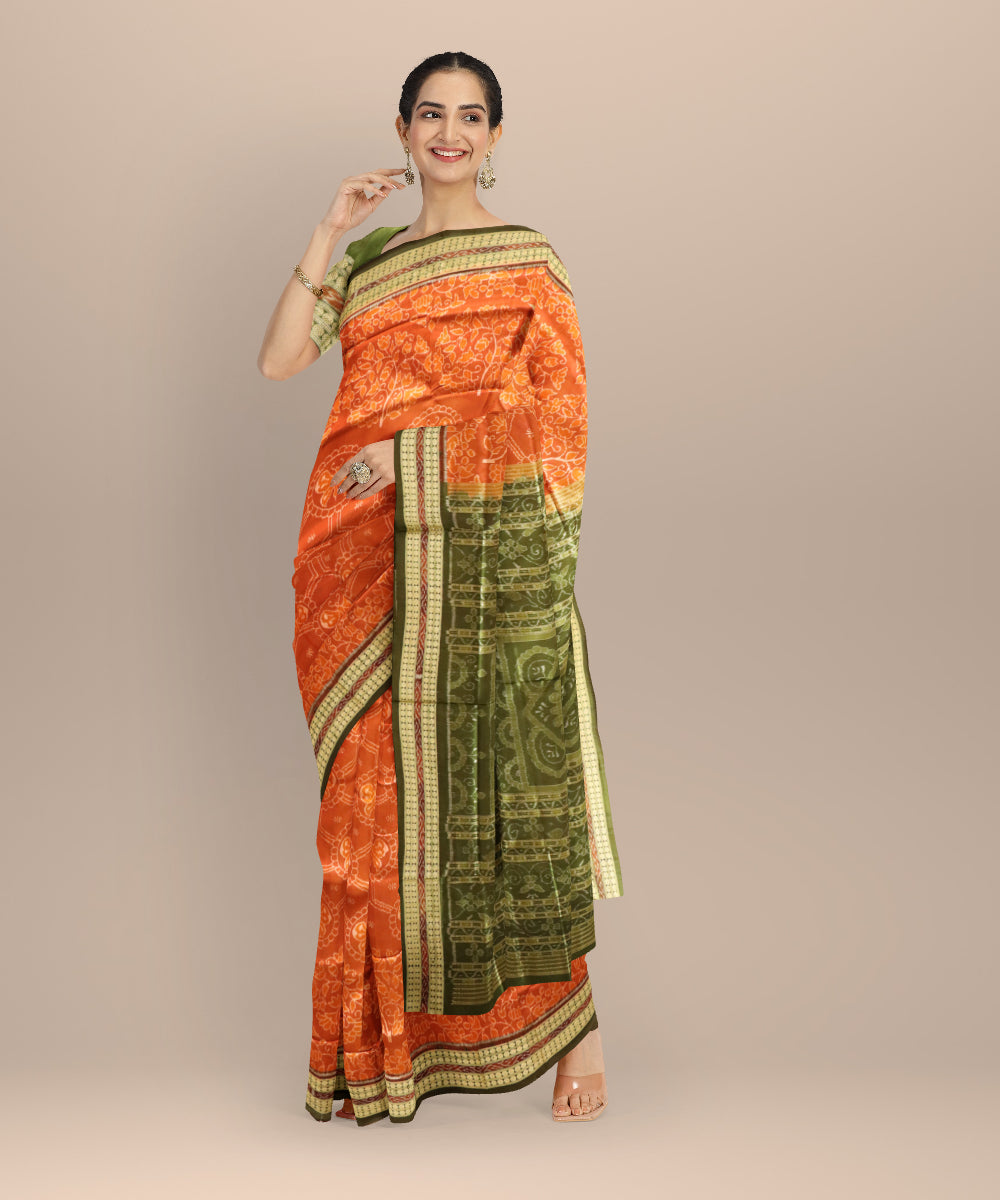 Orange dark olive green silk handloom sambalpuri saree