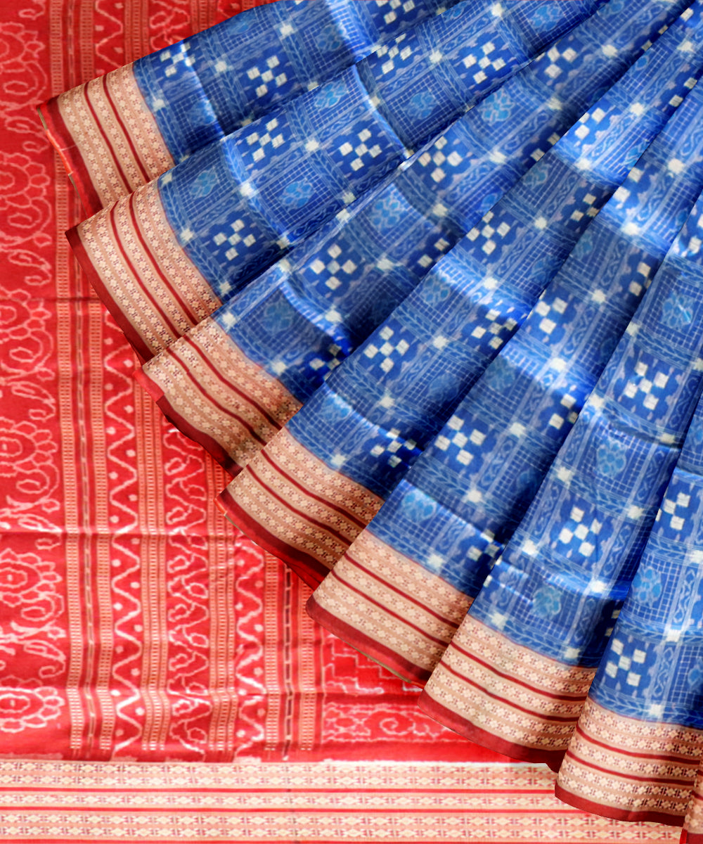 Cyan blue maroon silk handloom sambalpuri saree
