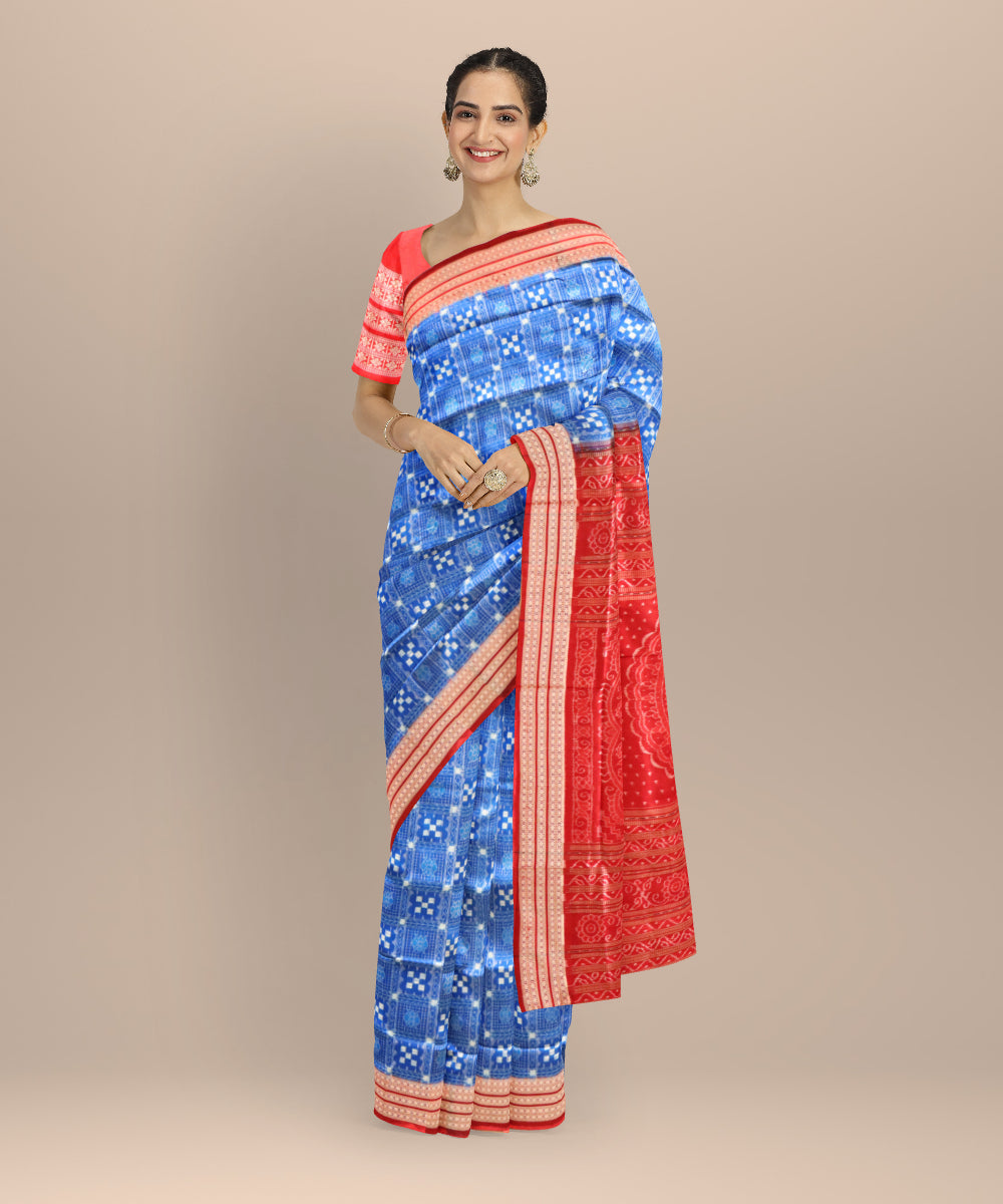 Cyan blue maroon silk handloom sambalpuri saree