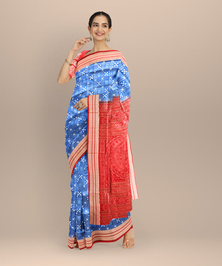 Cyan blue maroon silk handloom sambalpuri saree