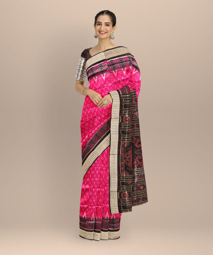Pink black silk sambalpuri handloom saree