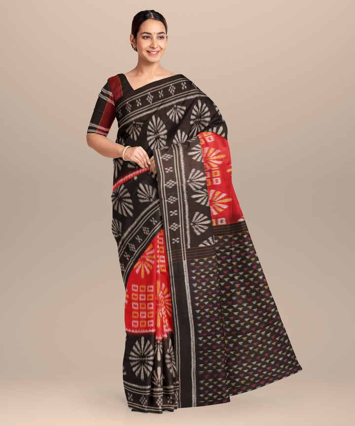 Fire brick red black cotton handloom nuapatna saree