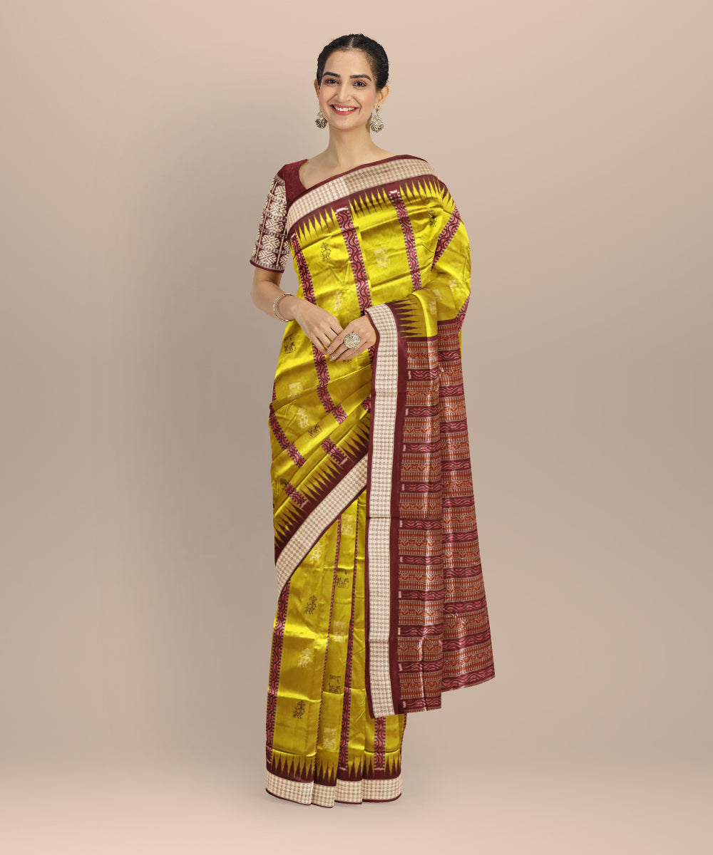 Lime green coffee silk handloom sambalpuri saree