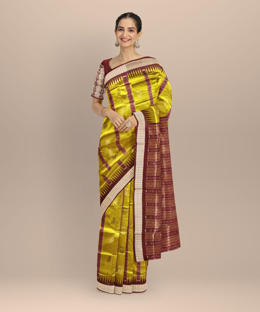 Lime green coffee silk handloom sambalpuri saree
