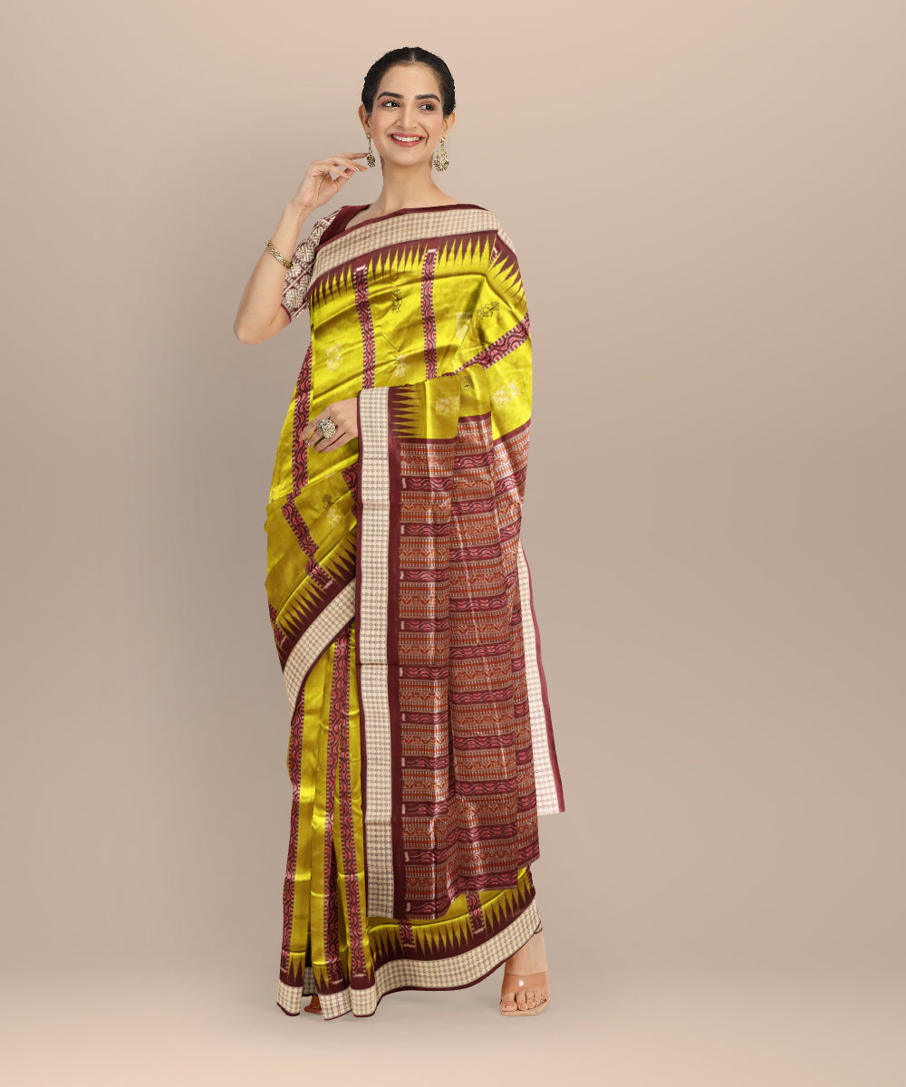 Lime green coffee silk handloom sambalpuri saree