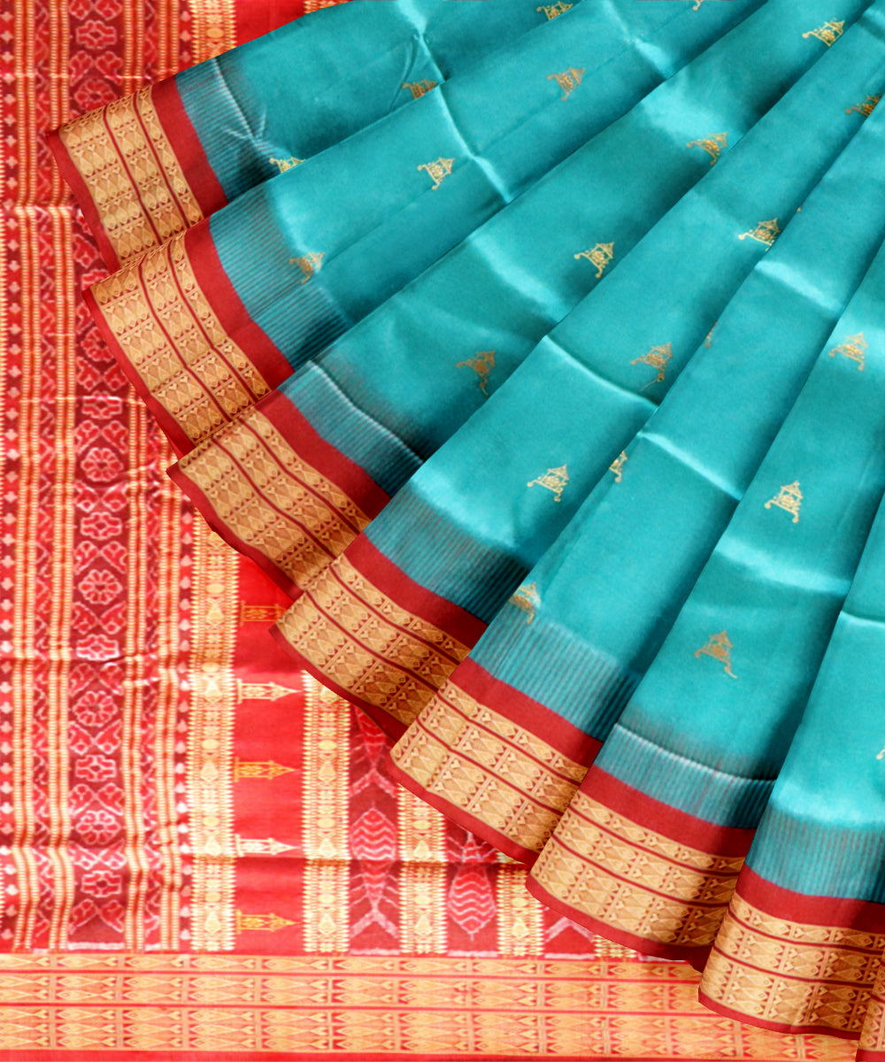Cyan blue dark red silk handloom sonepur saree