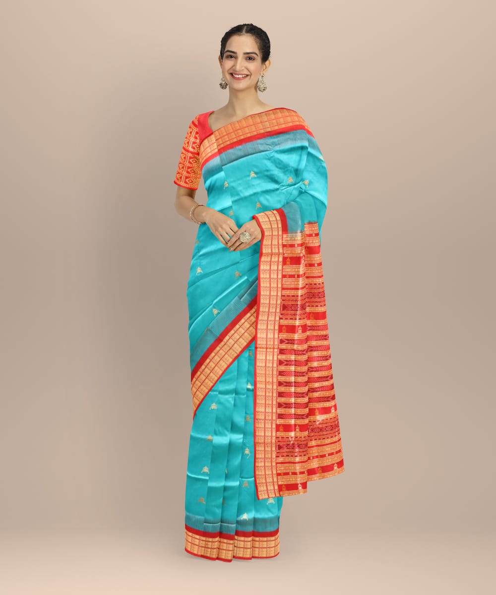 Cyan blue dark red silk handloom sonepur saree