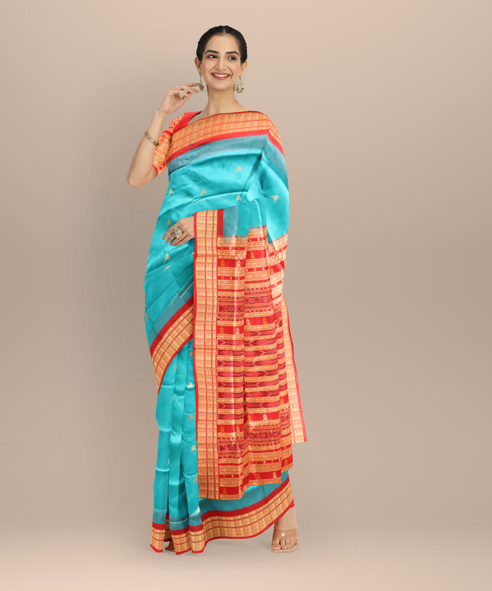 Cyan blue dark red silk handloom sonepur saree