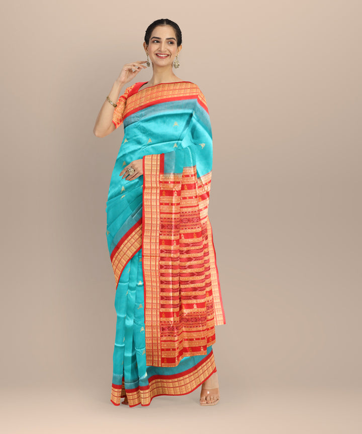 Cyan blue dark red silk handloom sonepur saree
