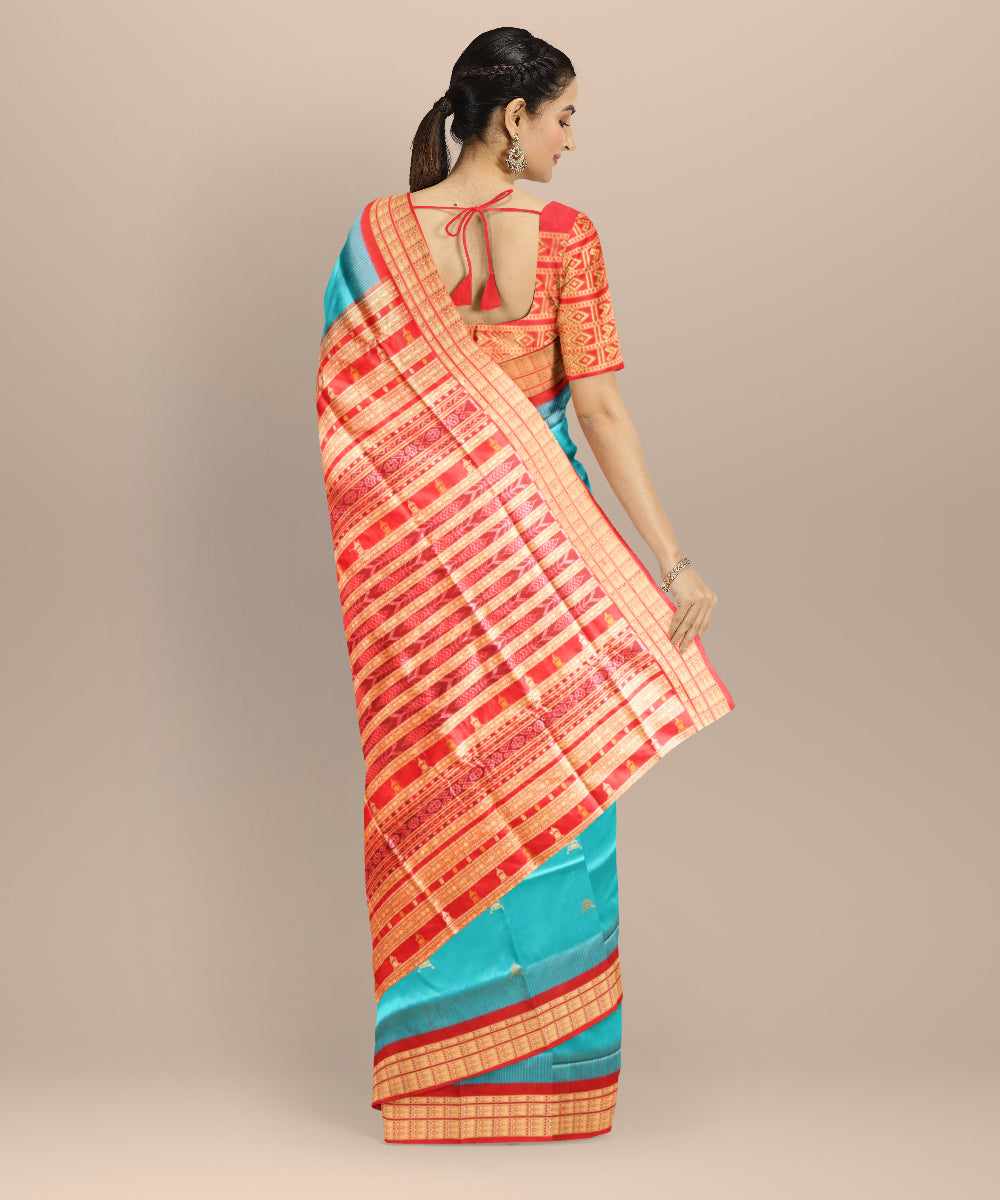 Cyan blue dark red silk handloom sonepur saree