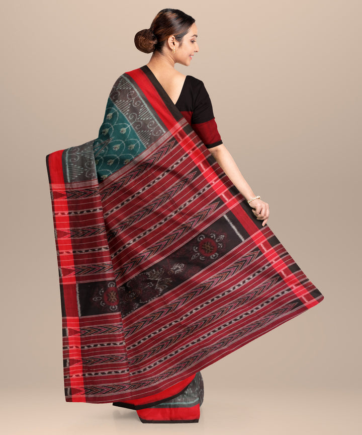 Celadon green red black cotton handloom nuapatna saree