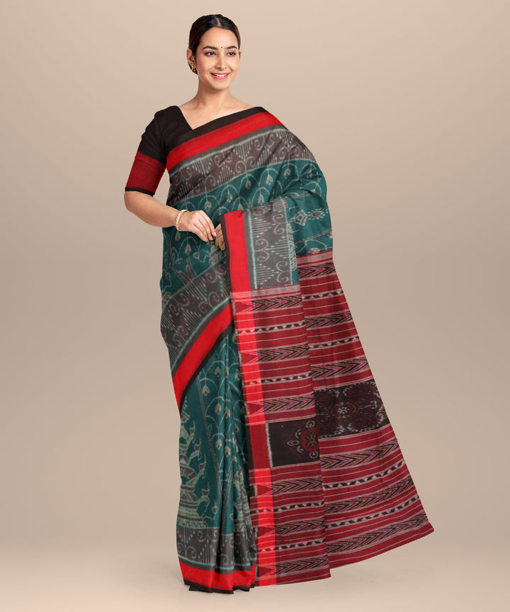 Celadon green red black cotton handloom nuapatna saree