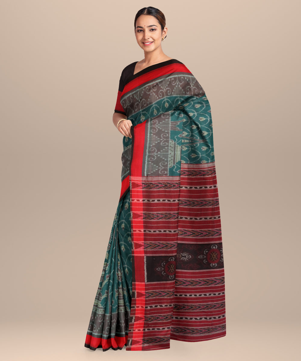 Celadon green red black cotton handloom nuapatna saree