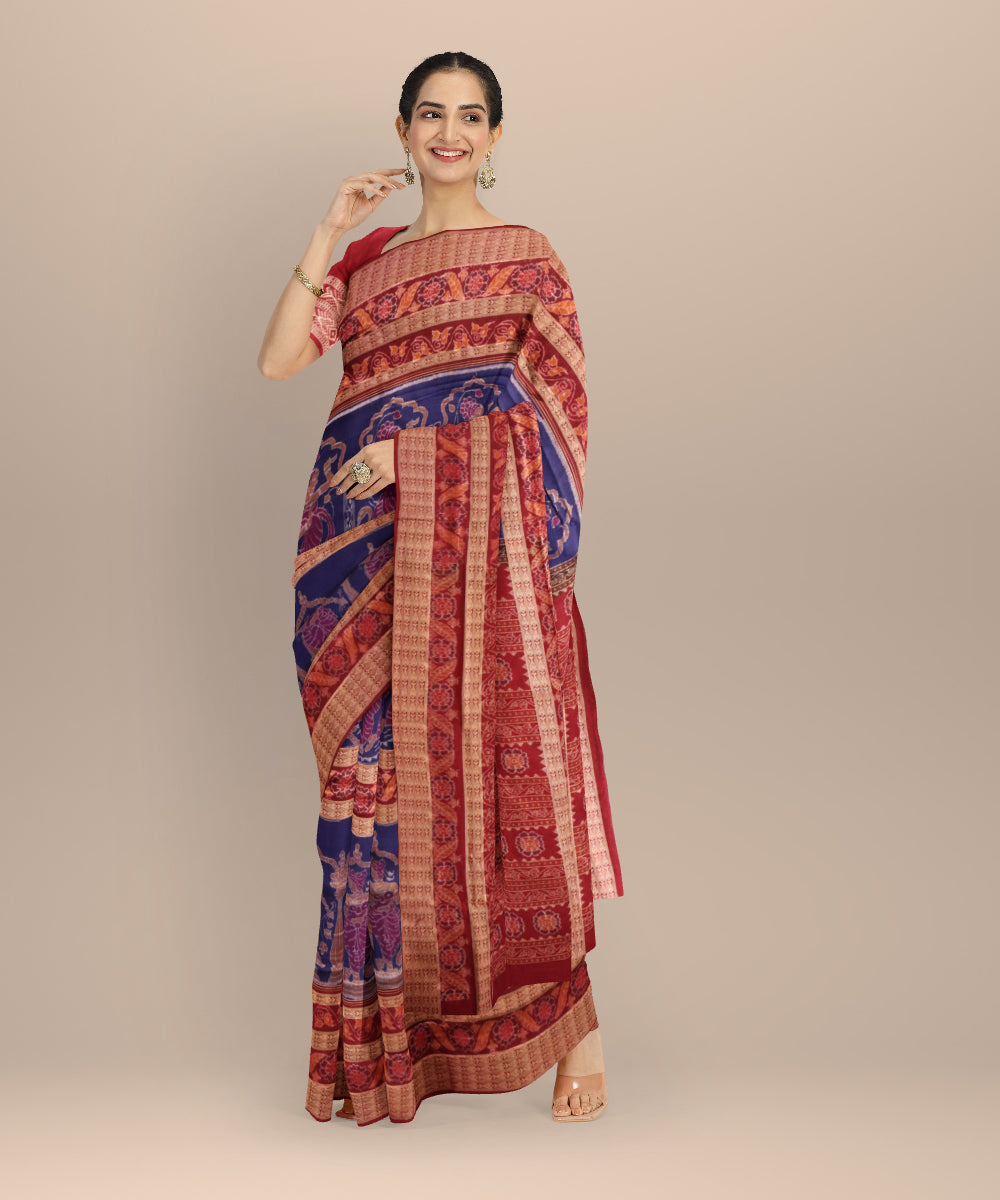 Navy blue maroon cotton handloom sambalpuri saree