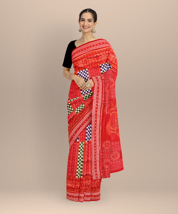 Multicolor dark red cotton handloom sambalpuri saree