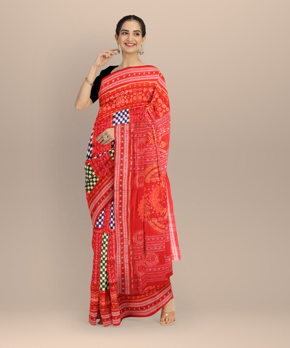 Multicolor dark red cotton handloom sambalpuri saree