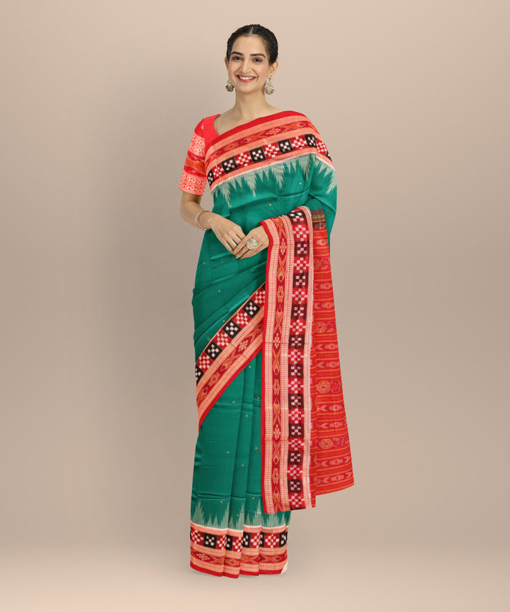 Dark green dark red cotton handloom sambalpuri saree