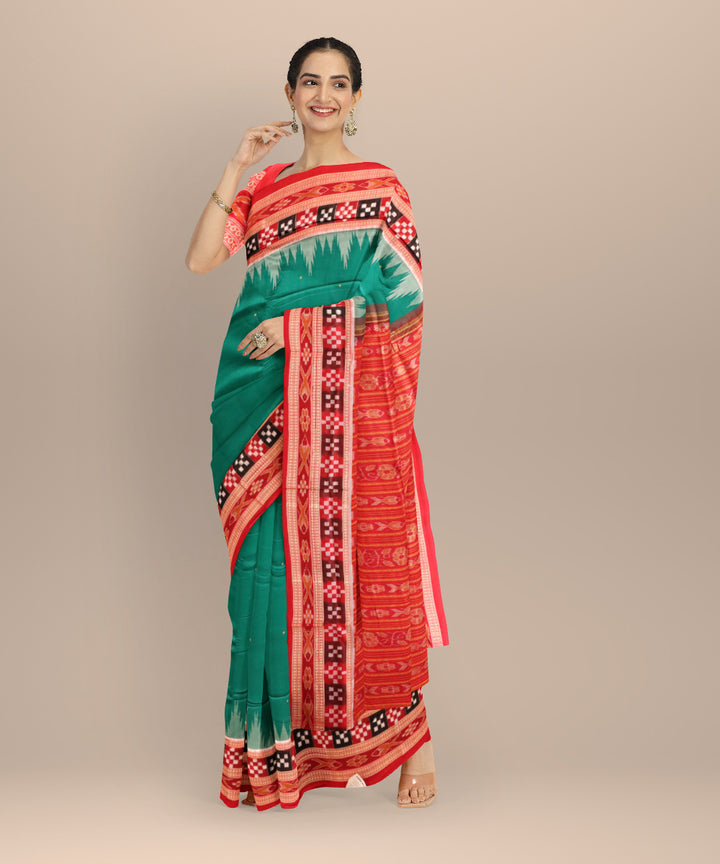 Dark green dark red cotton handloom sambalpuri saree
