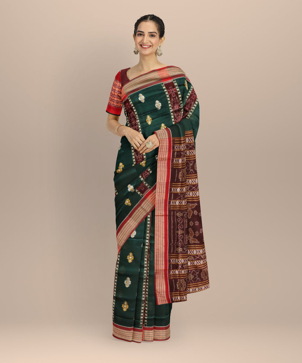 Dark green maroon handloom sonepur cotton saree