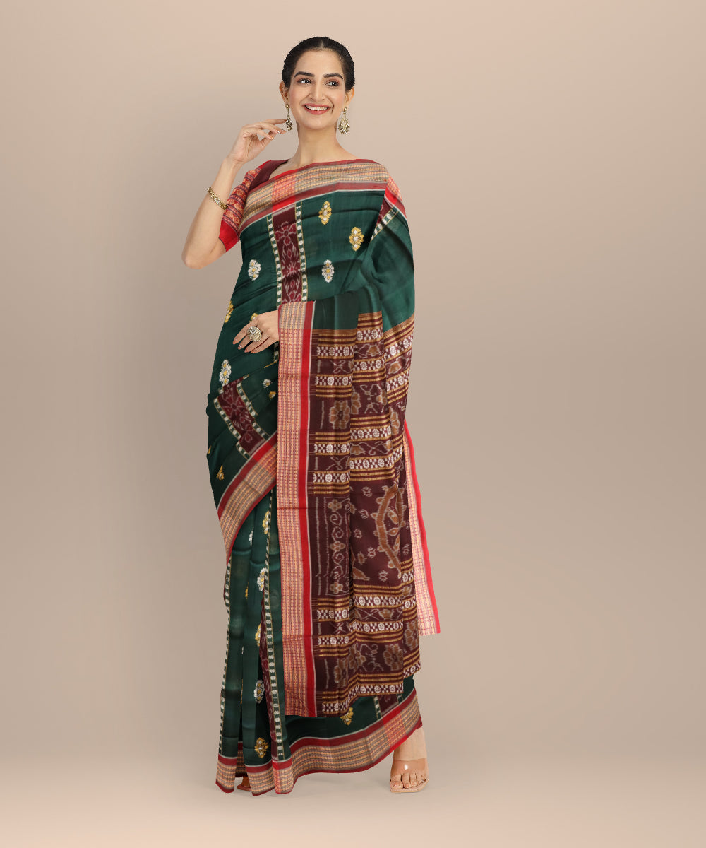 Dark green maroon handloom sonepur cotton saree