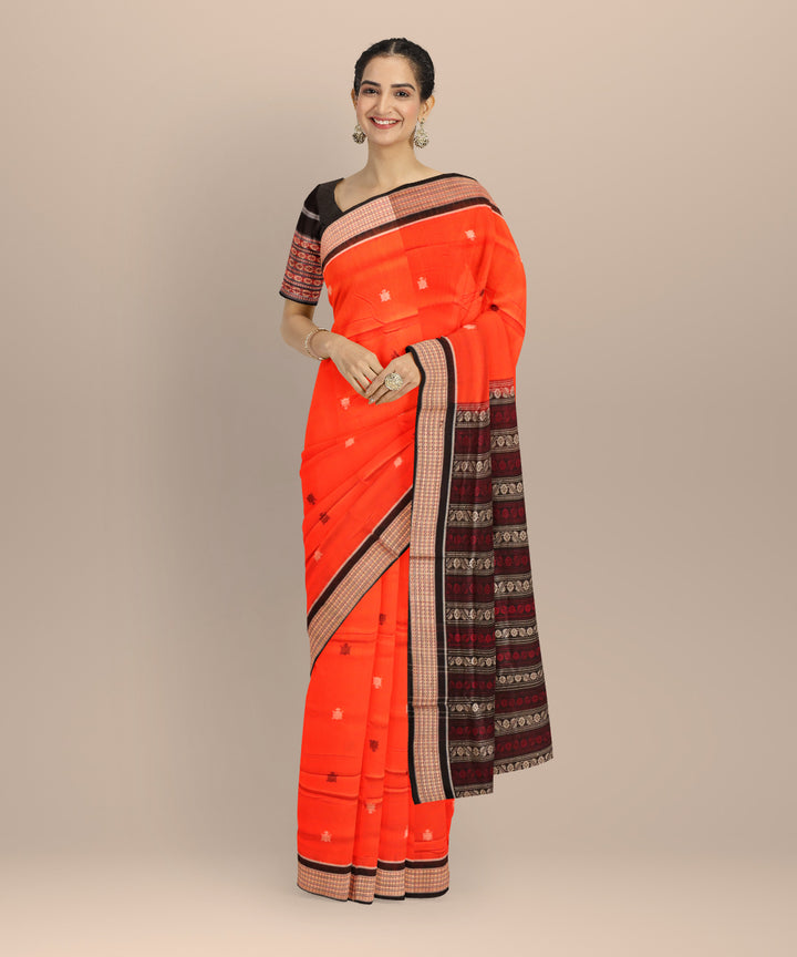 Orange black handloom cotton sonepur saree