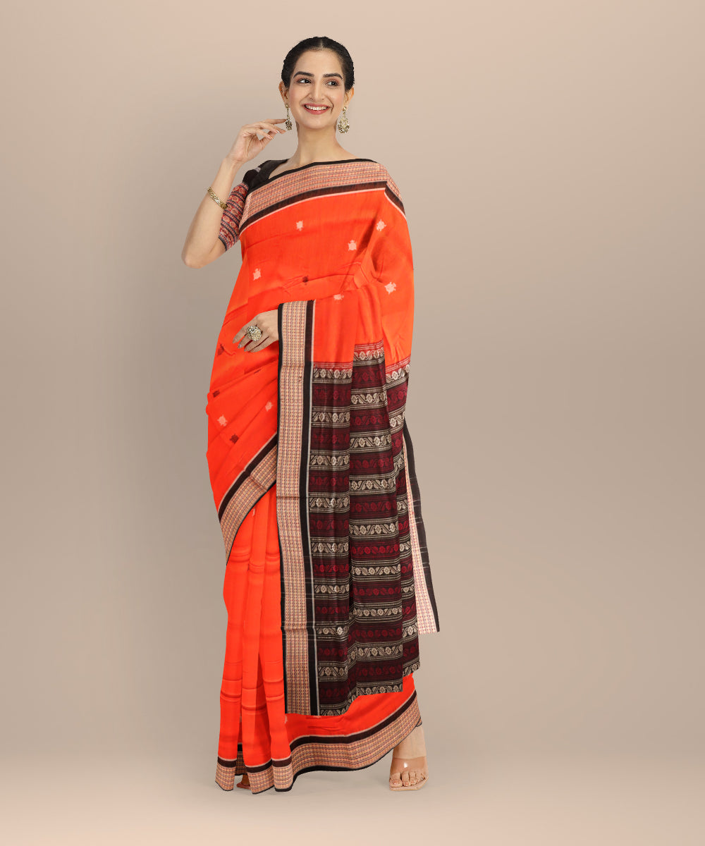 Orange black handloom cotton sonepur saree