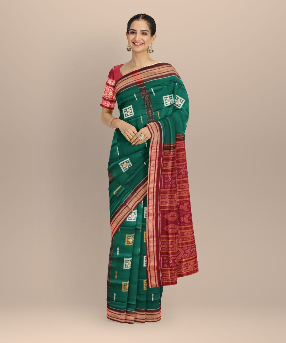 Dark green maroon cotton handloom sonepur saree