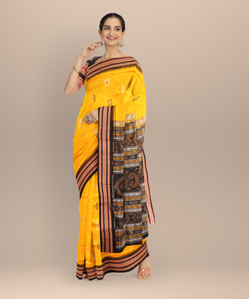 Yellow black handloom cotton sonepur saree