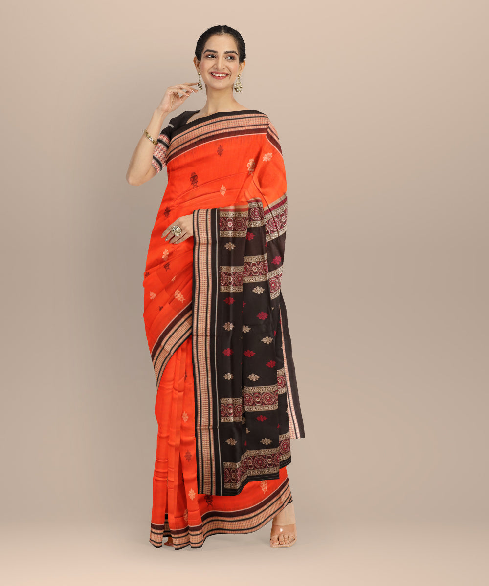 Orange black cotton handloom sonepur saree