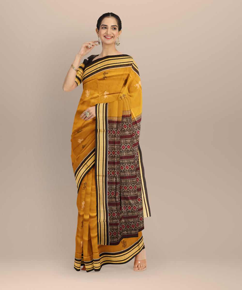 Yellow black cotton handloom sonepur saree