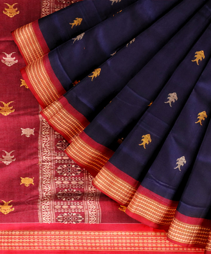 Cyan blue dark red cotton handloom sonepur saree