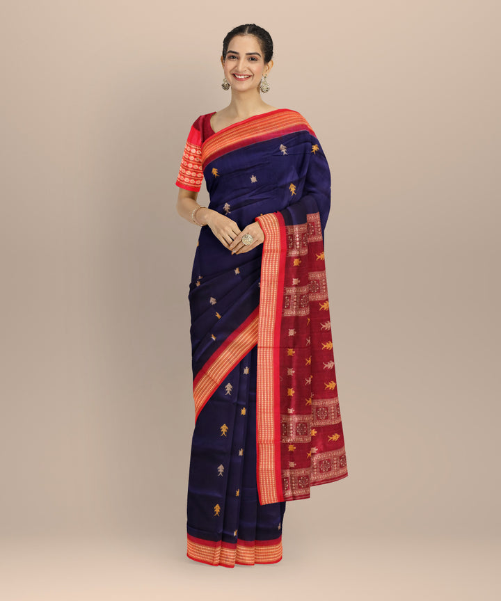 Cyan blue dark red cotton handloom sonepur saree