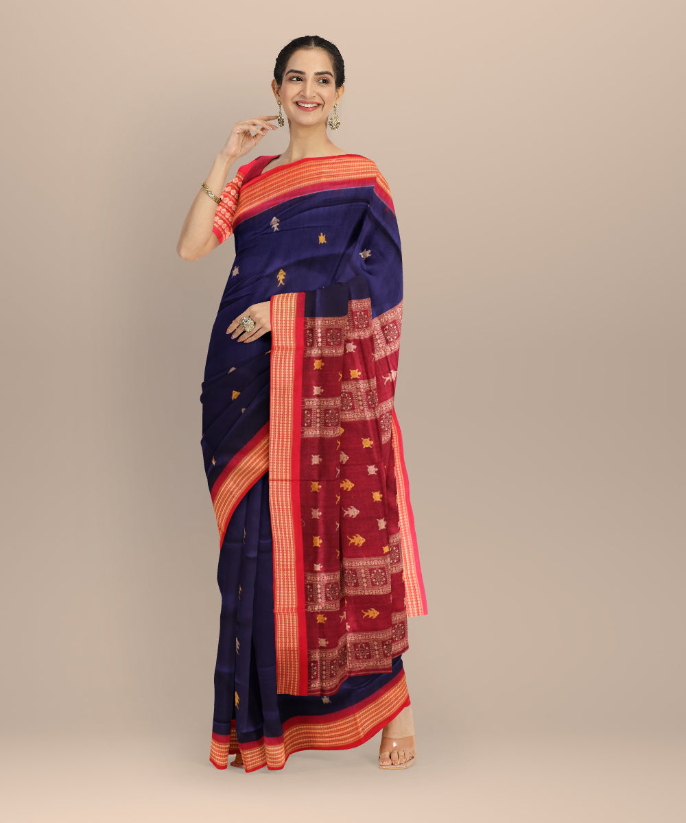 Cyan blue dark red cotton handloom sonepur saree