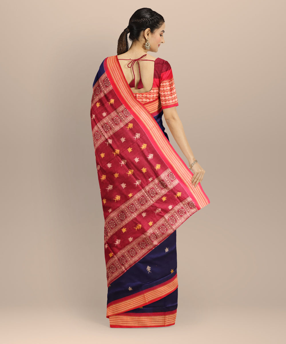 Cyan blue dark red cotton handloom sonepur saree