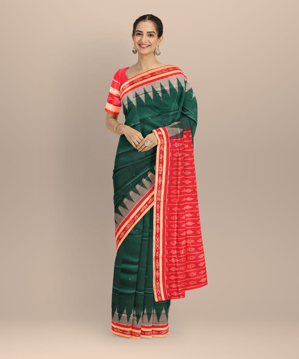 Dark green dark red cotton handloom sonepur saree
