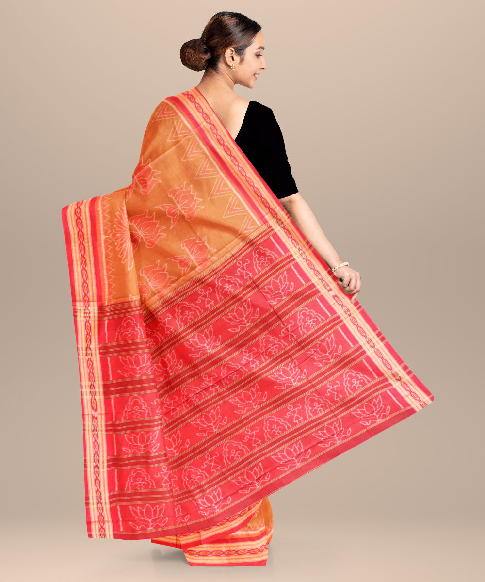 Fawn yellow falu red cotton handloom nuapatna saree