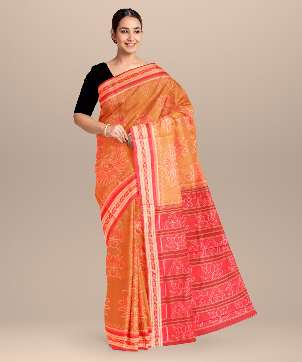 Fawn yellow falu red cotton handloom nuapatna saree