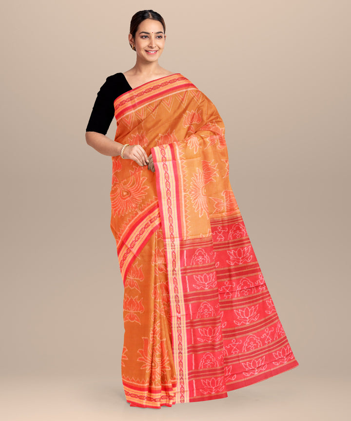 Fawn yellow falu red cotton handloom nuapatna saree