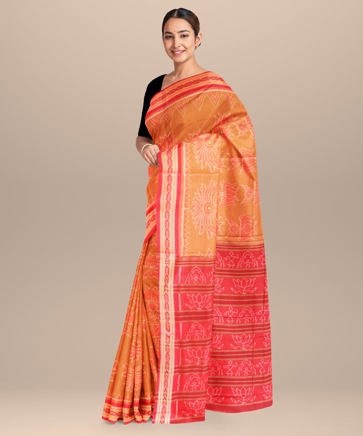 Fawn yellow falu red cotton handloom nuapatna saree